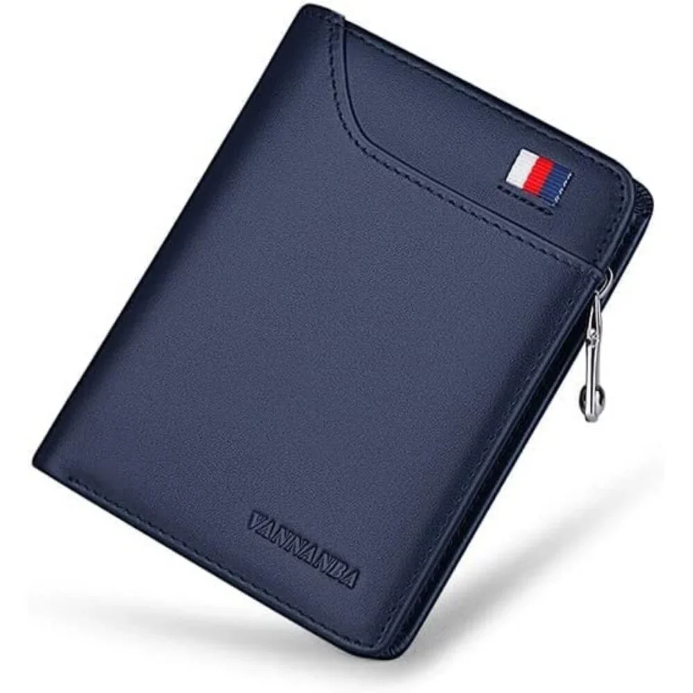 Men's Wallets Card Blue Genuine Leather Slim Front Zipper Coin Pocket Design